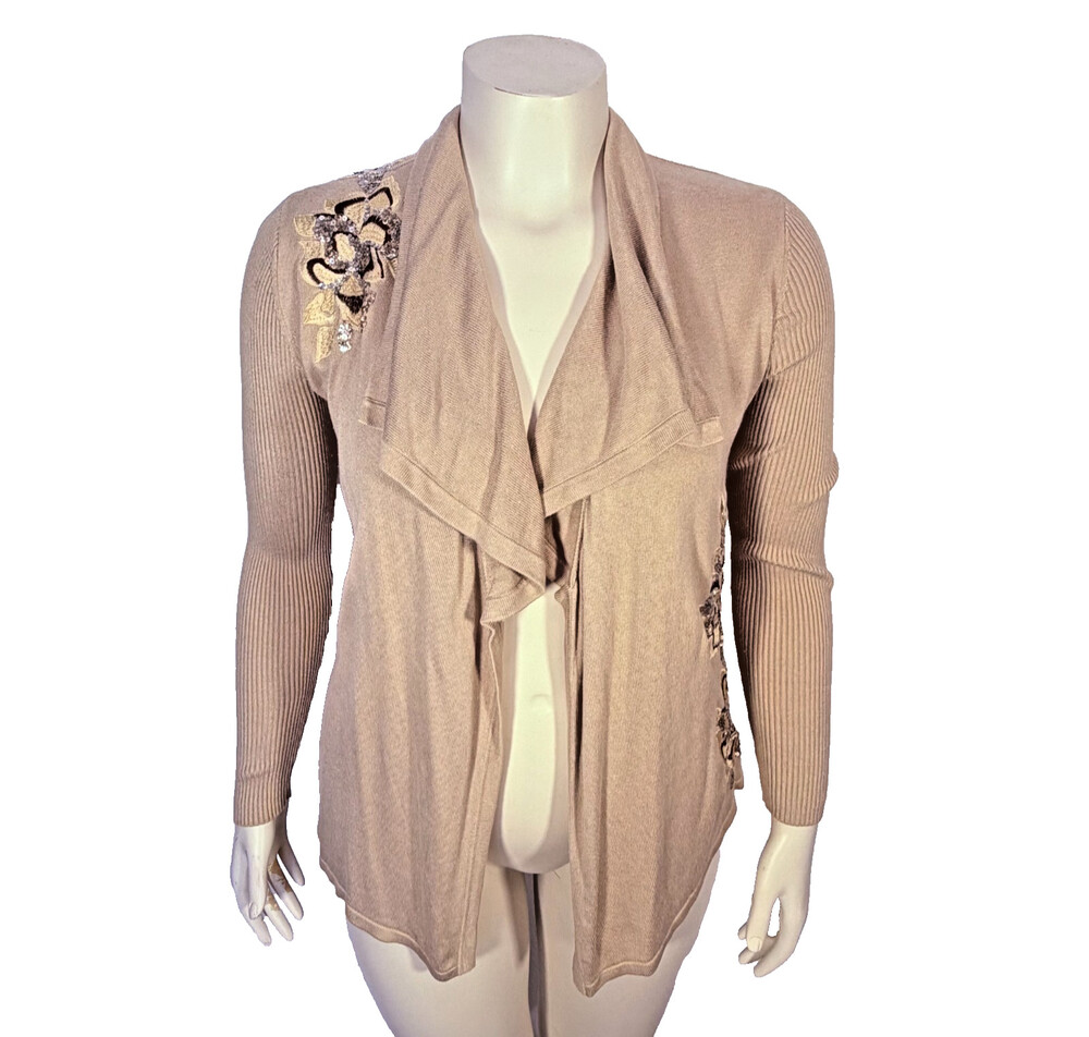 Cache Open Front Cardigan Sweater Women's M Tan Beige Waterfall Beaded Embroider